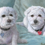 Chloe and Tess, custom pet portraits of Two Bichon Frises by Hope Lane