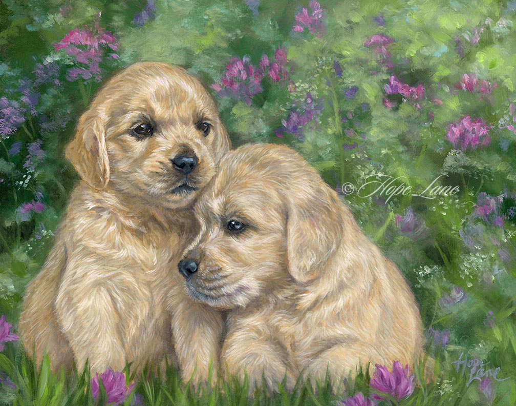 Best Buddies, a Painting of Two Golden Retriever Puppies